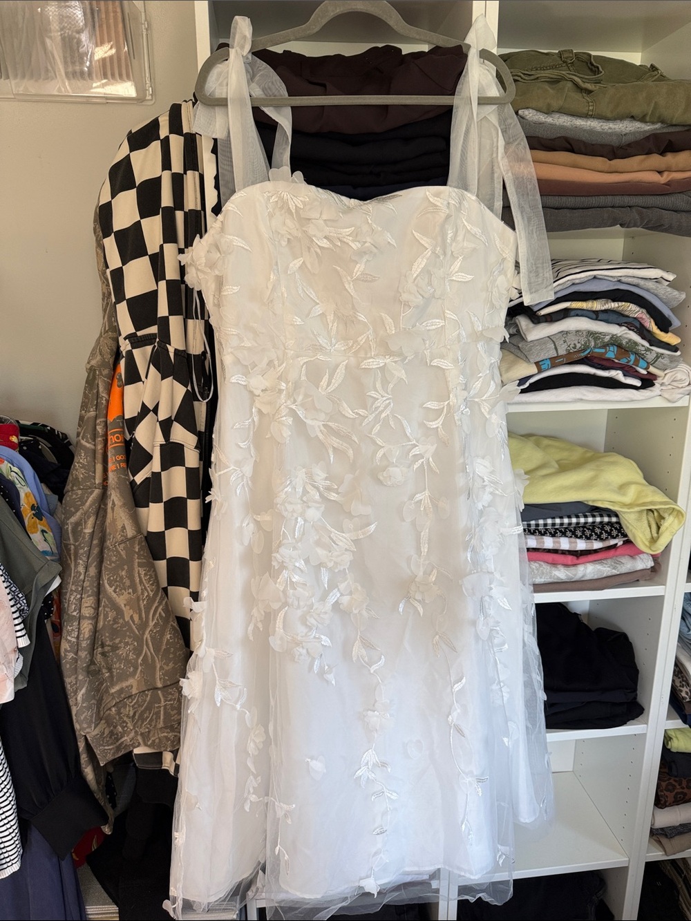 Lulu's White Floral Appliqué Tea Dress with Tie Straps